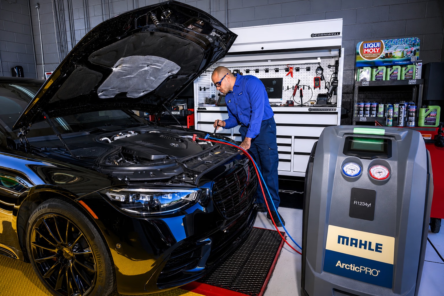 Technician servicing a Mercedes-Benz at Multi Tech Auto