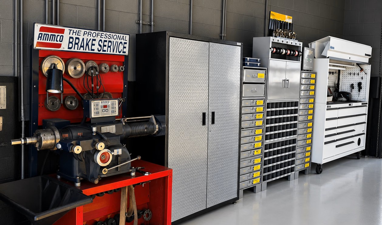 Professional brake service equipment inside the Multi Tech Auto workshop